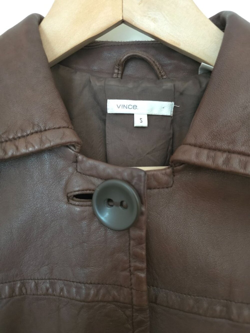 Vince Brown Leather 3/4 Sleeve Big Button-Front Coat Jacket Women's Size S - Picture 5 of 9